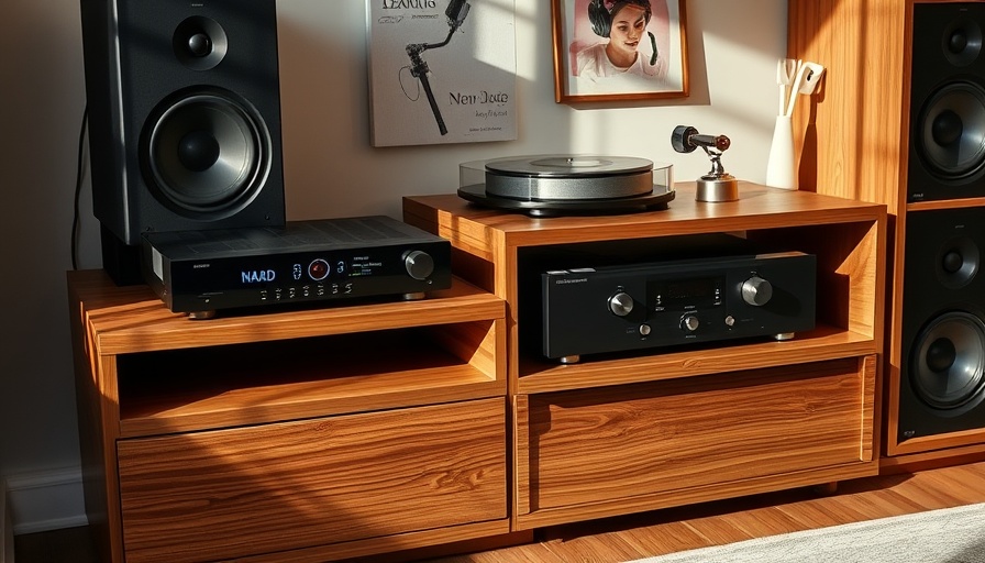 NAD M33 V2 and M23 V2 audio setup with turntable and speaker in a cozy room.
