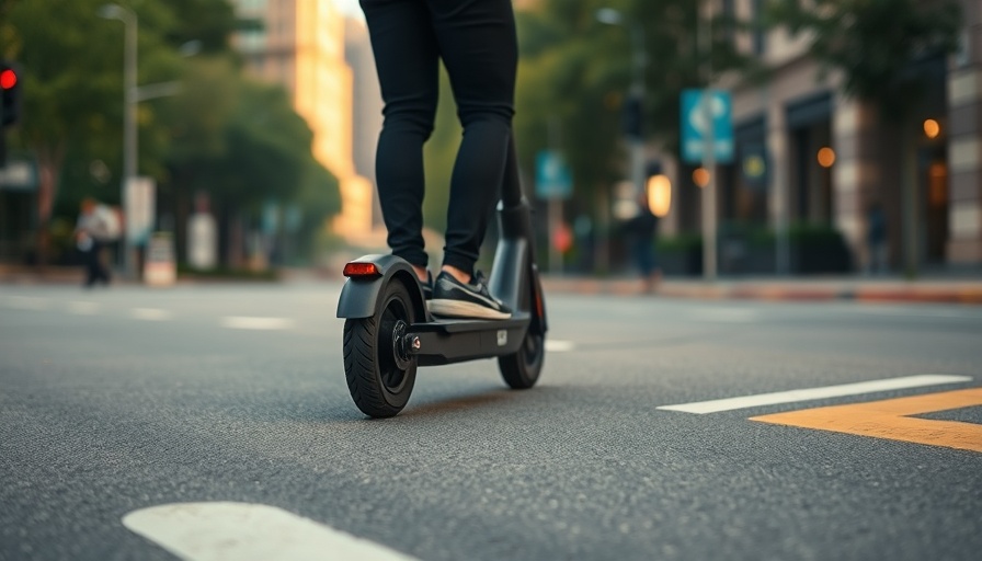 Person riding e-scooter on urban street, focus on feet, E-Roller Unfall Lübeck.