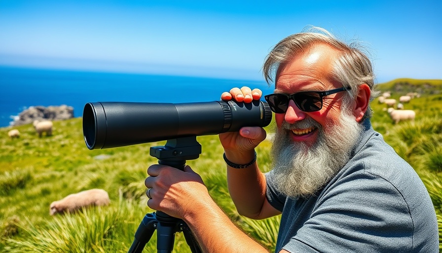 Vogelwart Sylt observer adjusts telescope in coastal landscape.