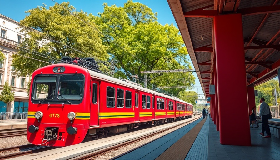 Red train at Reinbek station under blue sky, evoking community wellness.