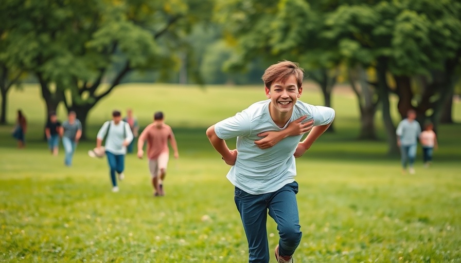 Two joyful young men playing on a green field at an outdoor event.