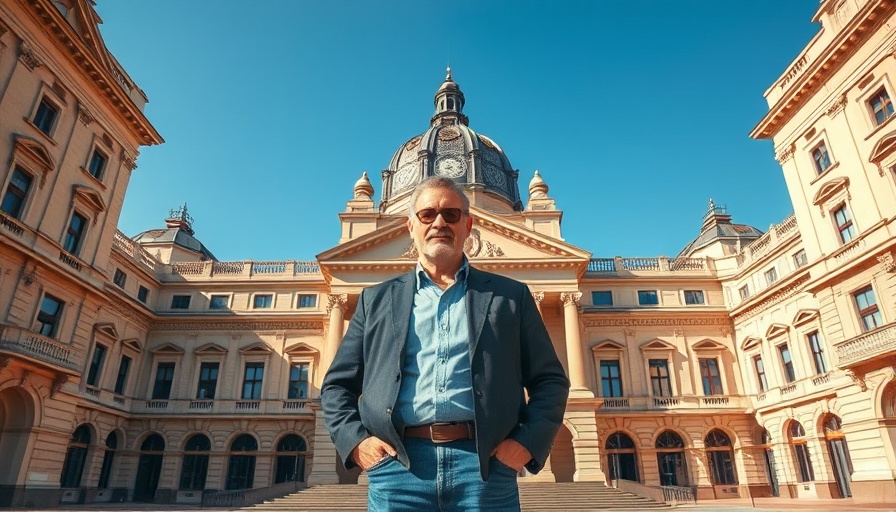 Historic restaurant building with man in front, Restaurant Randel Wiederbelebung.