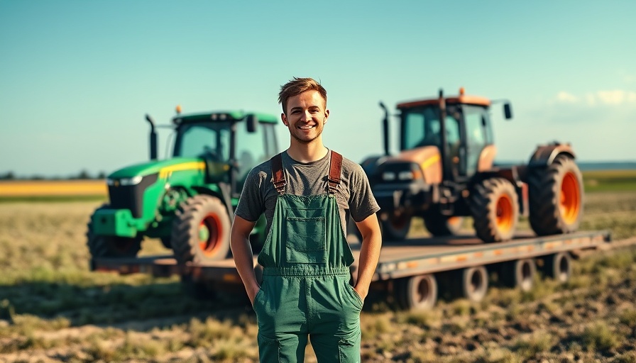 Traktor-Totalausfall Landwirtschaft: Smiling man with tractors towed on trailer.
