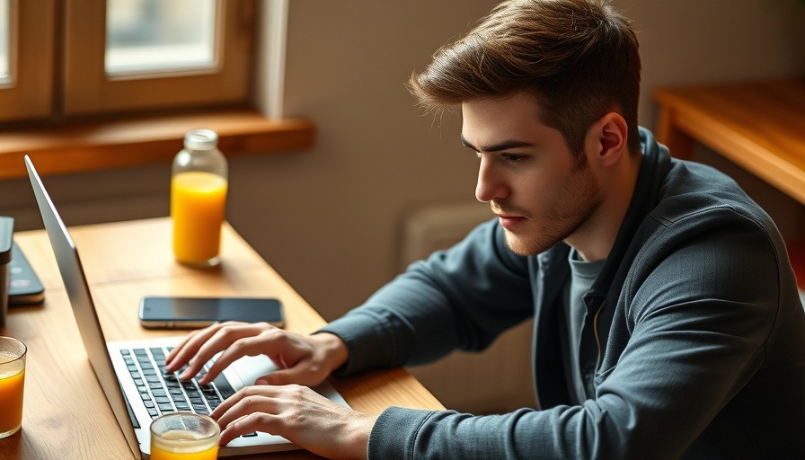 Laptop Pflege Tipps: Man using laptop with coffee on desk.