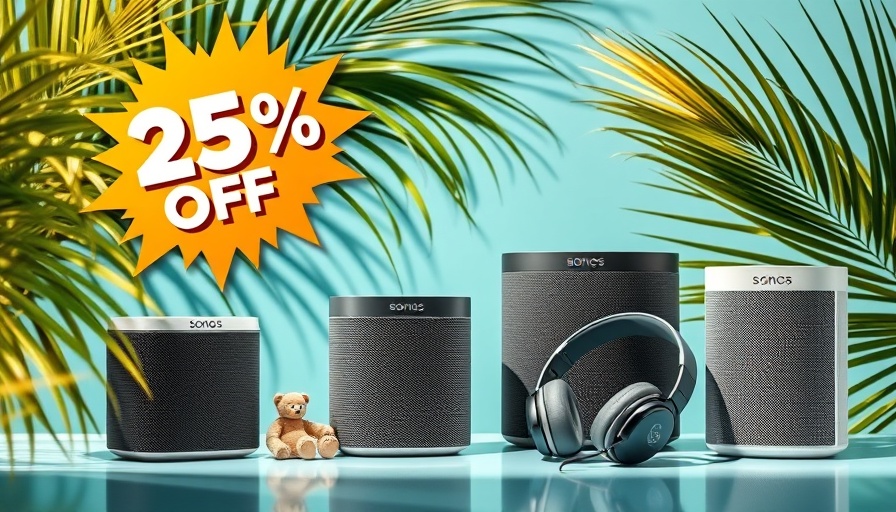 Sonos Rabattaktion Sommer 2025: Bis zu 25% Rabatt auf Sonos Audio-Geräte vor tropischem Hintergrund.