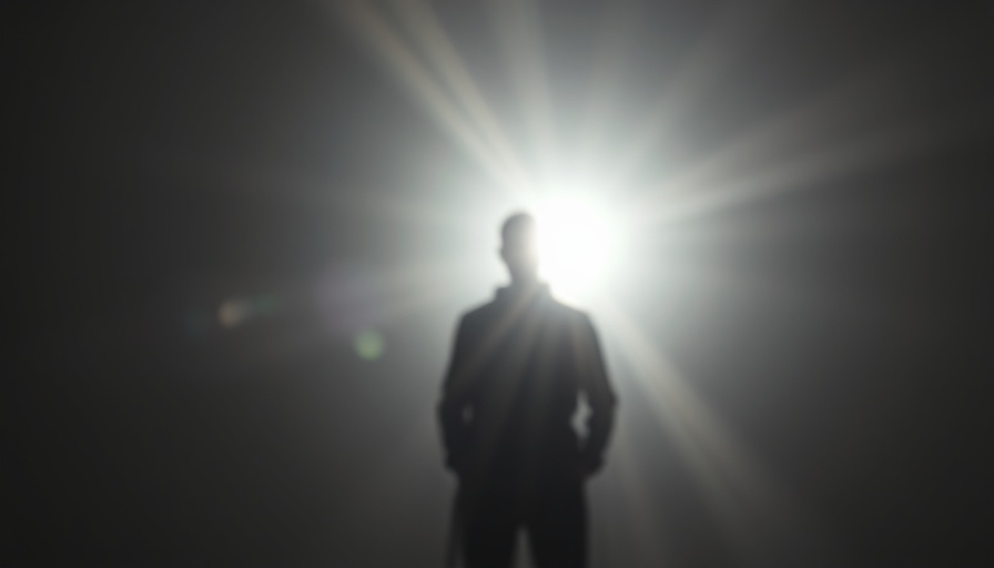 Bright blurred light rays and shadow figure, cinematic minimalism.