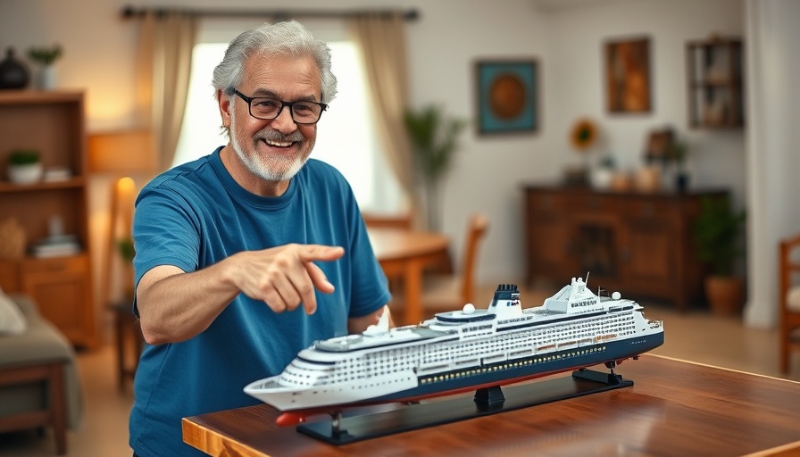 Kreuzfahrt inspirierender Krimiautor pointing at model cruise ship.