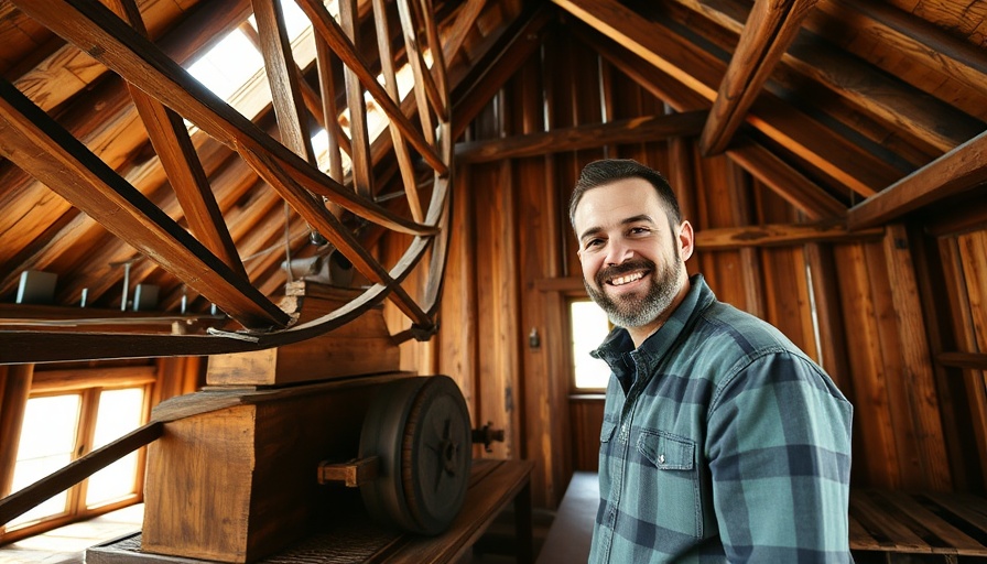 Braaker Mühle Norddeutschland interior with smiling man and wooden grain equipment.