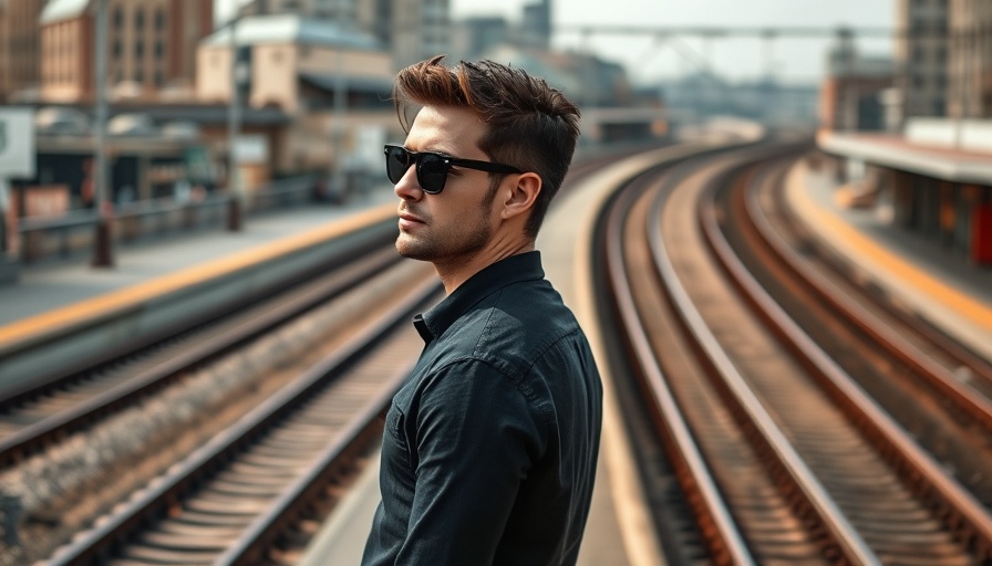 Man overlooking Hamburg Hauptbahnhof train tracks, casual attire.