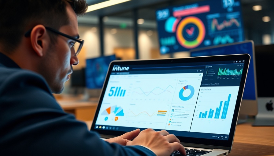 Person analyzing data with Microsoft Intune dashboard, modern office.