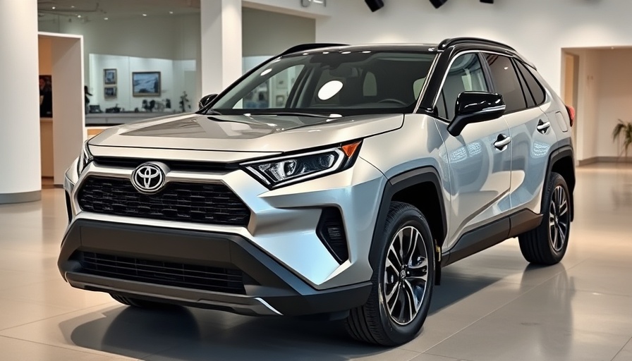 Sleek modern Toyota RAV4 2026 Hybrid SUV in showroom, photorealistic.