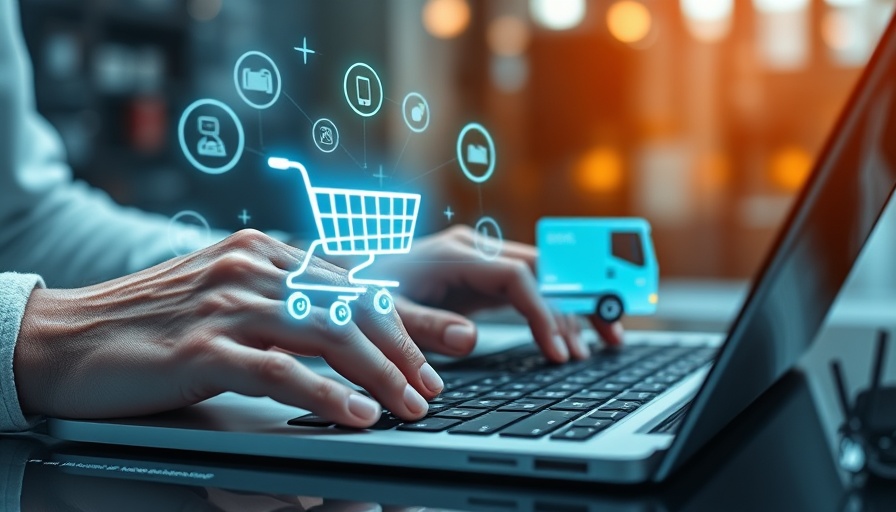 Futuristic hands typing with holographic e-commerce icons, illustrating Chatbots im E-Commerce.