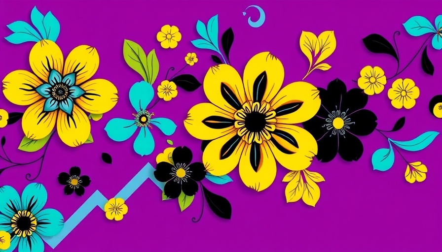 Vibrant abstract floral pattern in teal, yellow on purple.