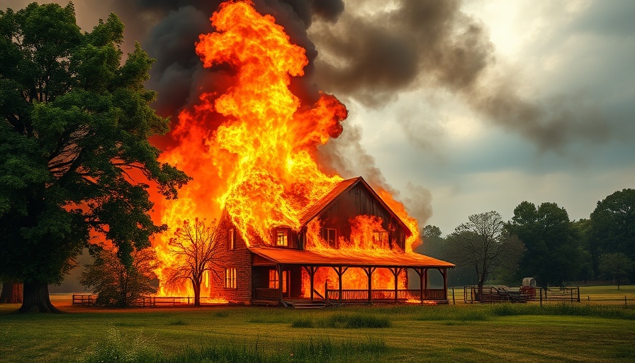Großbrand in Mohrkirch: Farmhouse engulfed in flames and smoke amid trees.