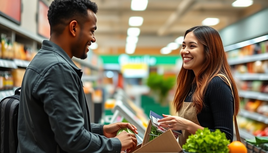 Friendly cashier assisting customer at supermarket checkout.