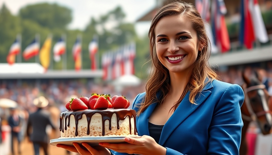 Smiling woman in blue suit holding cake at equestrian event.