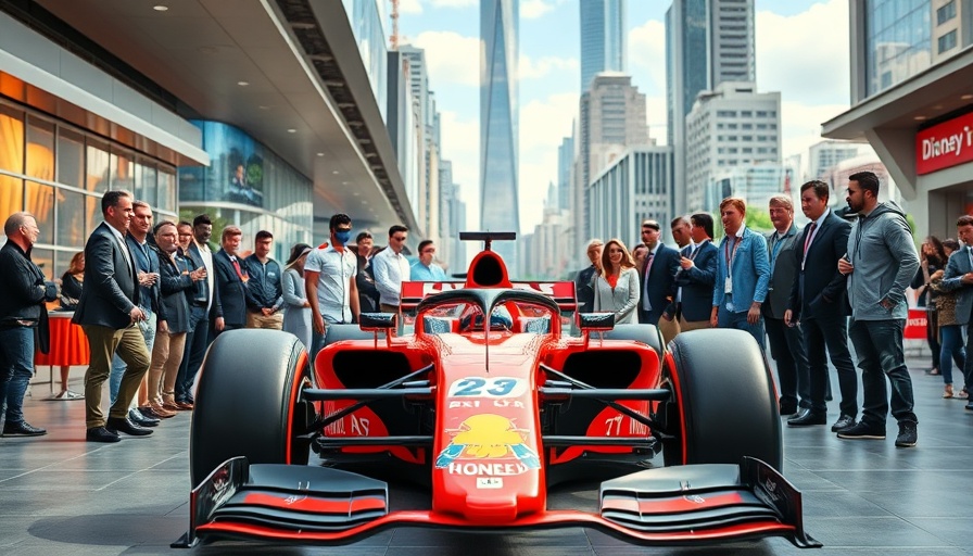 Disney und Formel 1 Kooperation für Kinder: Enthusiastic unveiling of a Disney-themed Formula 1 car next to cartoon mascot and executives.