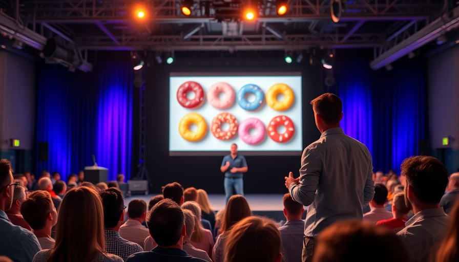 Presenter discussing colorful donuts at a conference on Online-Werbung gegen Informationsverschmutzung.