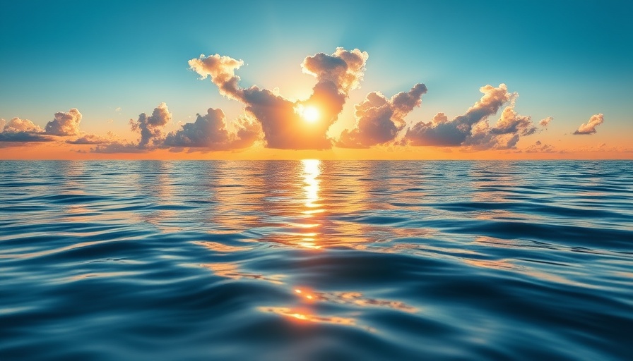 Peaceful ocean sunrise scene with clouds and reflections.