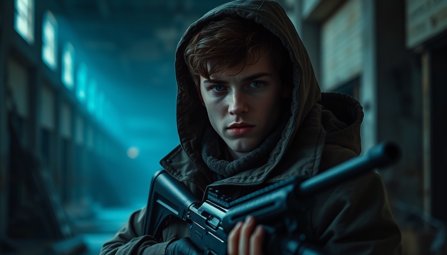 Young survivor holding a rifle in a dimly lit abandoned building, Staffel 3 von 'The Last of Us'.