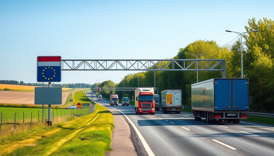 Border crossing sign to Netherlands with highway and trucks, Schengener Informationssystem Fahndungsabfragen.