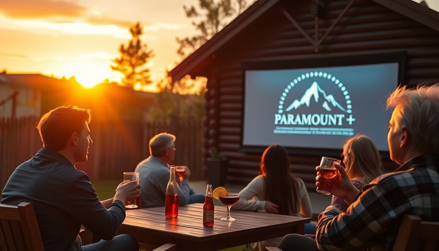 Outdoor movie night with Paramount+ logo on screen, cozy ambiance.