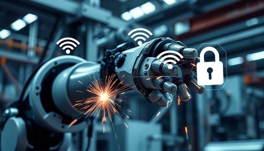 IoT sicher nutzen in a factory with a robotic arm and security icons.