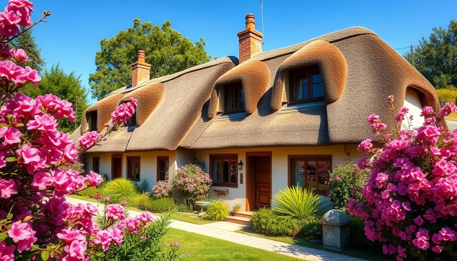 Charming cottages on Sylt surrounded by pink flowers under blue skies.
