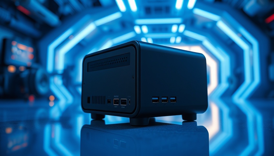 Sleek mini-PC in futuristic blue-lit room under 160 Euro.