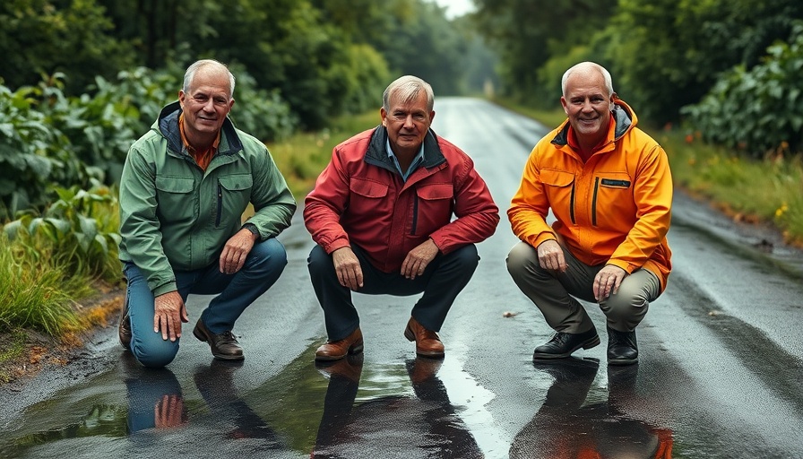 Three men on A7 Quickborn Schleichweg in rain gear.