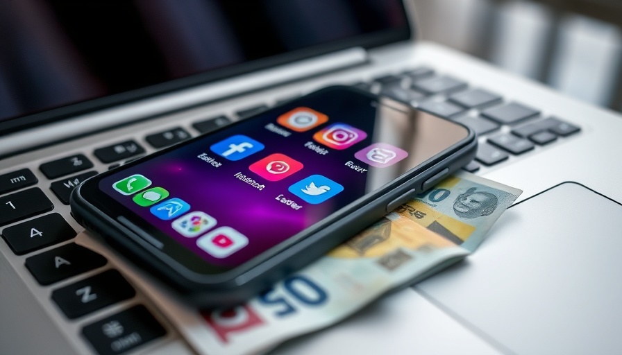 Digitalabgabe concept: Smartphone on Euros and laptop keyboard.