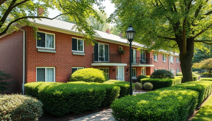 Flüchtlinge in Seniorenwohnungen; brick apartment building surrounded by greenery