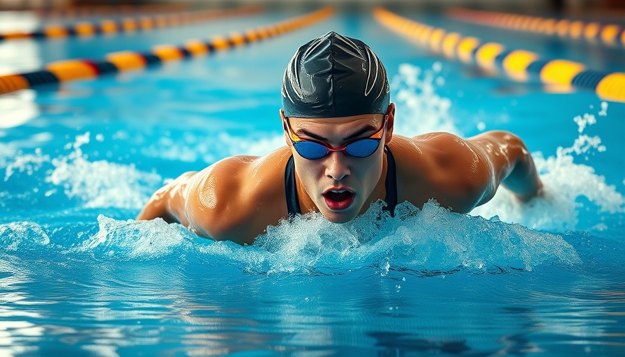 Athlete swimming freestyle in pool, burning calories, vibrant scene.
