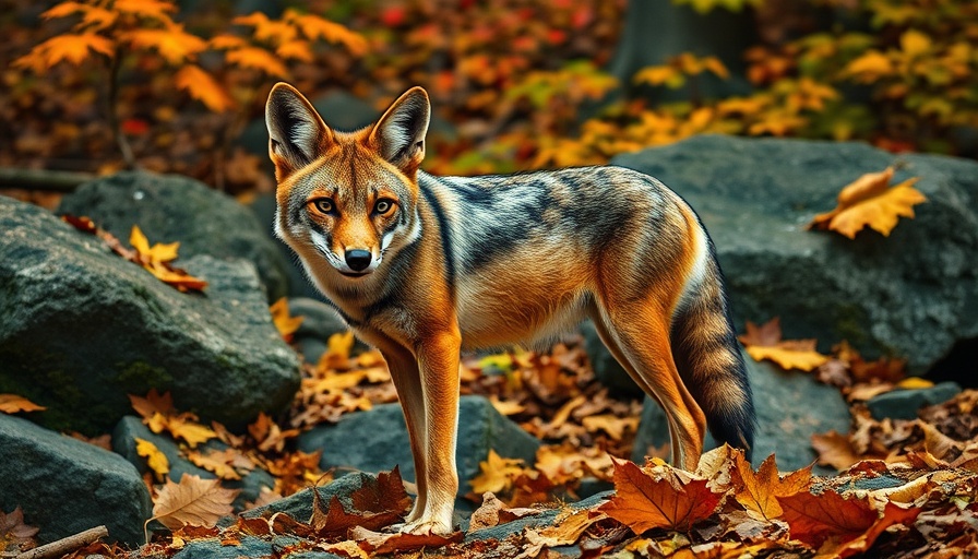 Wild jackal standing in forest with autumn leaves.