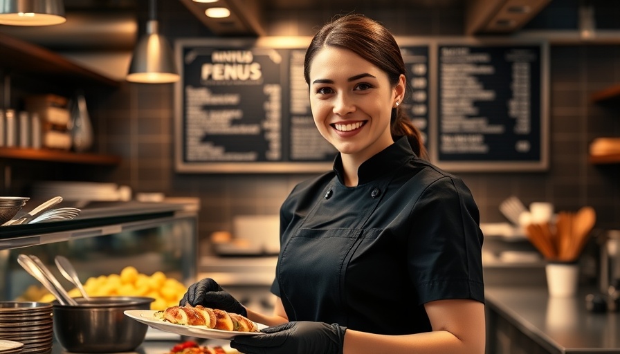 Friendly woman in kitchen serving food in Eckernförde, smiling warmly.