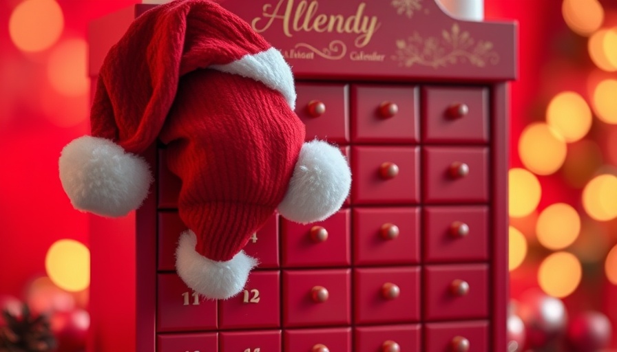 Spielzeug-Adventskalender 2025 festive red calendar with Santa hat.