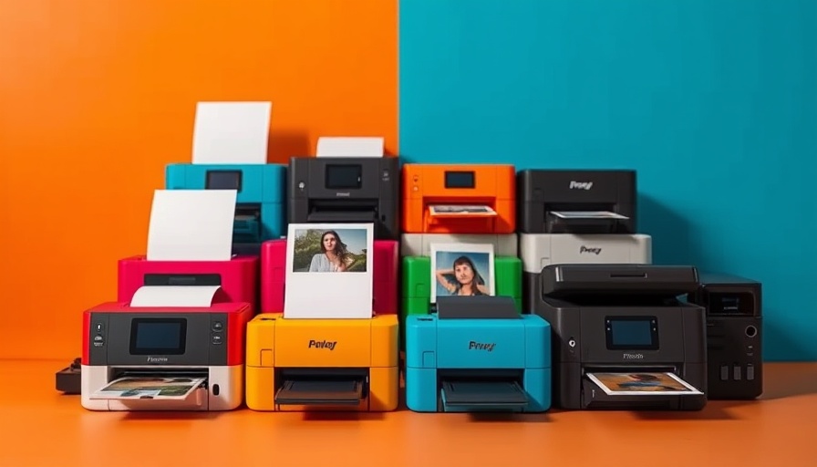 Diverse mini printers with print samples on blue and orange background.