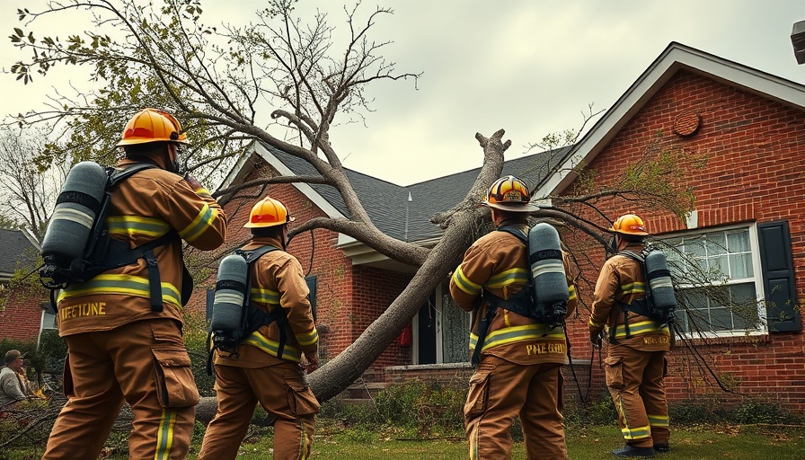 Firefighters assess a fallen tree on a house in a suburban area.