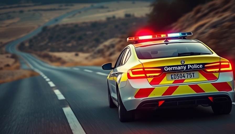 German police vehicle pursuing on highway landscape.