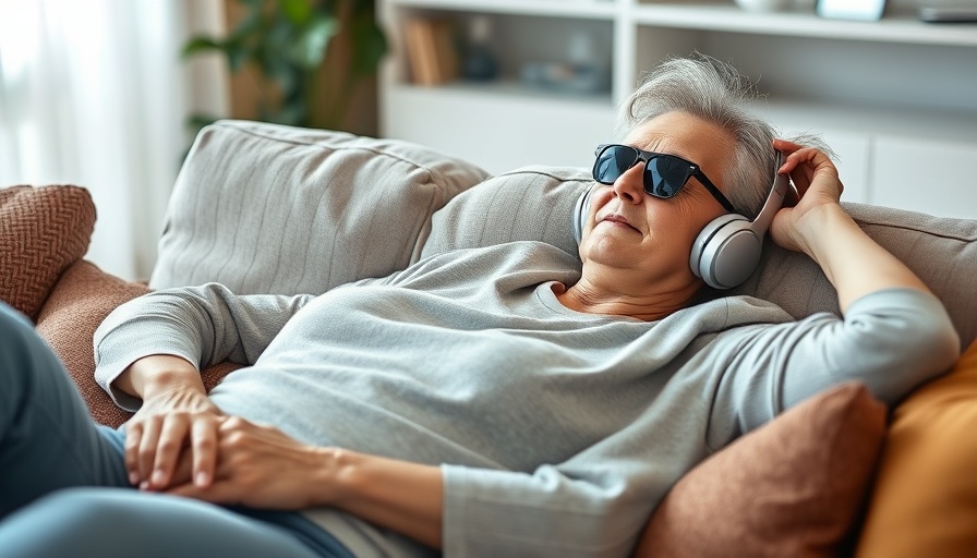 Middle-aged woman with sunglasses and headphones resting on a sofa.