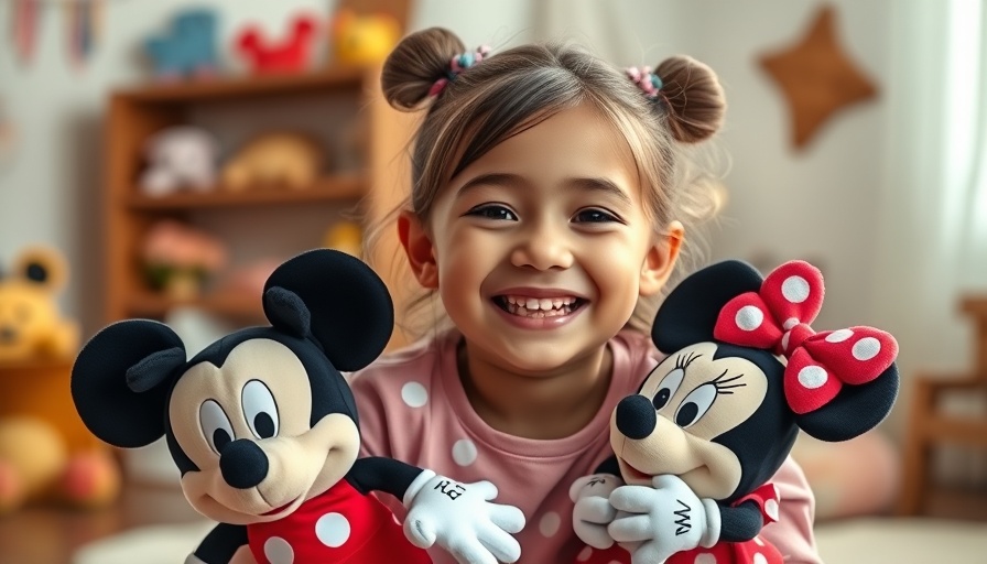 Smiling girl with Lizenzspielwaren plush toys indoors.
