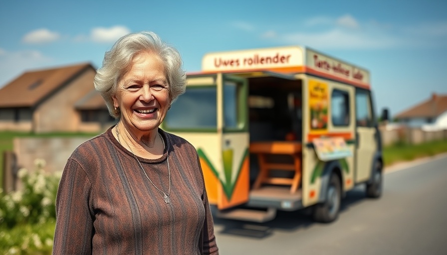 Smiling elderly woman next to 'rollender Supermarkt Norddeutschland' truck.