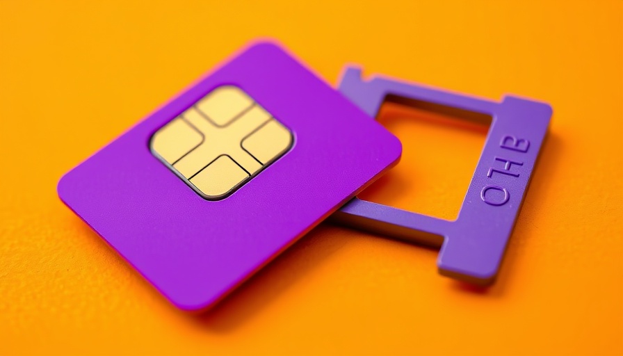 Purple SIM card and phone tray on orange surface, Handyvertrag im Juni.