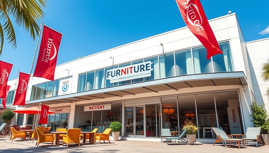 Vielfalt und Qualität in Norderstedt: Modern furniture store with red flags.