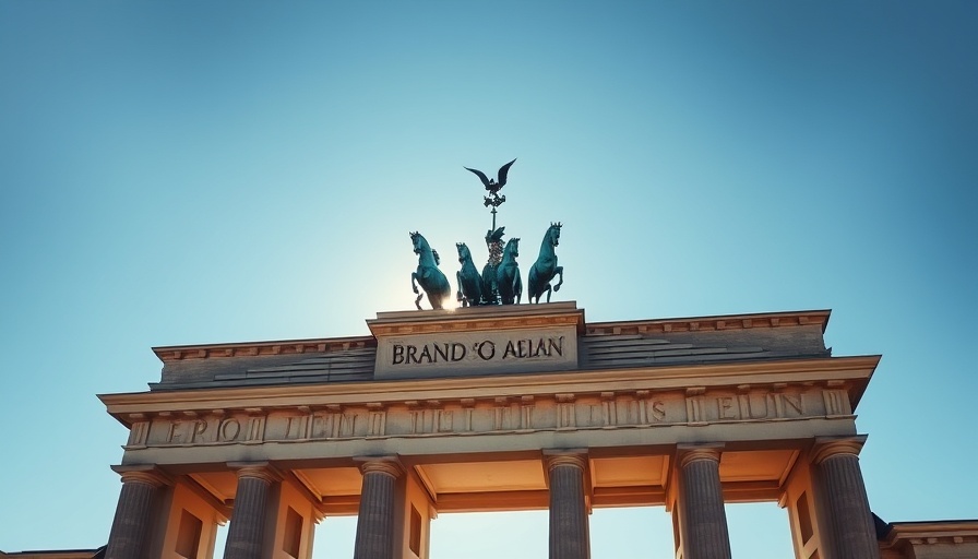 Brandenburg Gate under clear blue sky with text overlay.