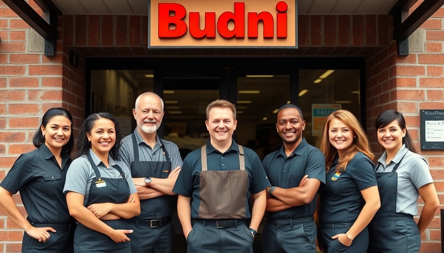 Friendly team in front of new Budni store, smiling employees.