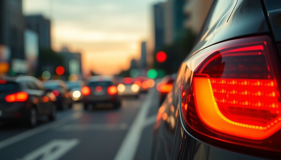 Close-up of a car's front brake light glowing brightly in urban street.