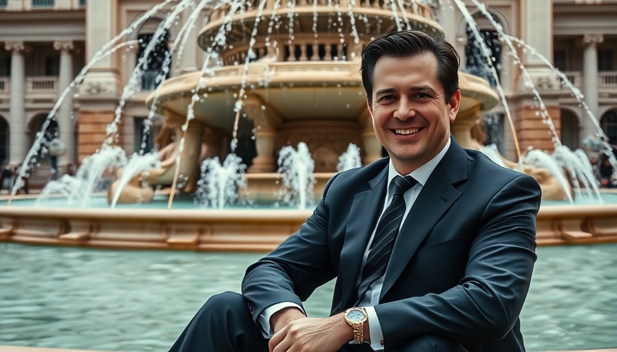 Man in suit smiling by fountain, Bengt Bergt Gas-Lobbyist.