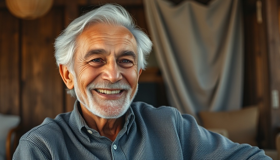 Elderly man smiling indoors, conveying warmth and history.