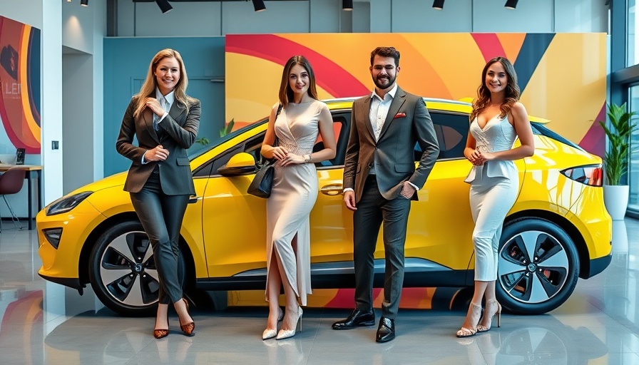 Stylish electric car showcased by elegantly dressed individuals, E-Autos im Abo.